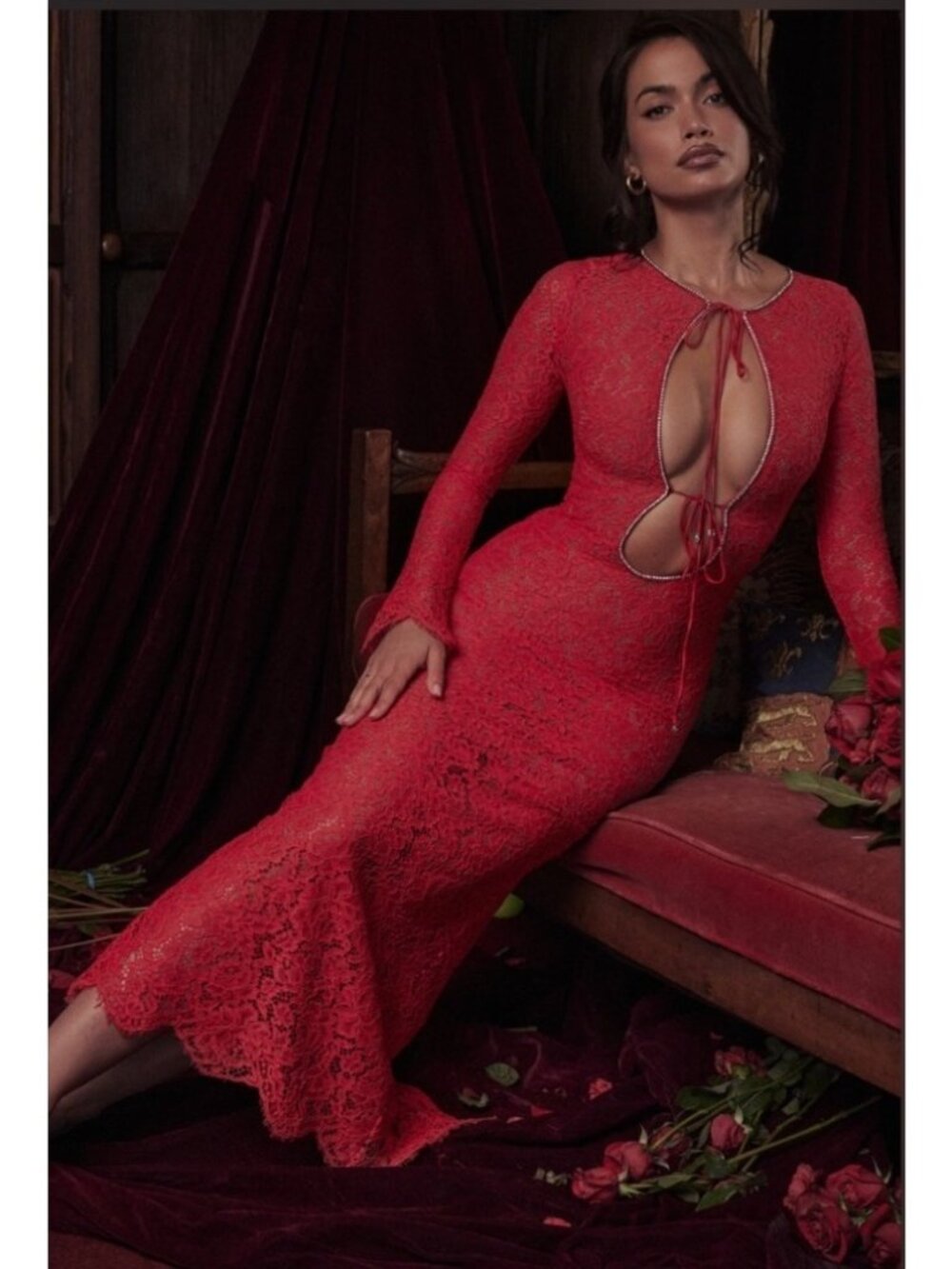 NEW $299 House of CB Lisandra Red Floral Lace Maxi Dress Small Cutout Rhinestone